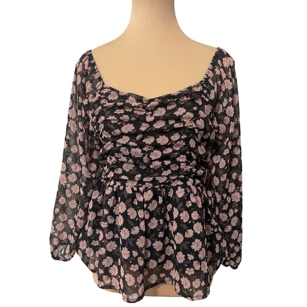 American Eagle Floral Ruched Peplum Top Small Black‎ Pink Cottagecore Fairycore